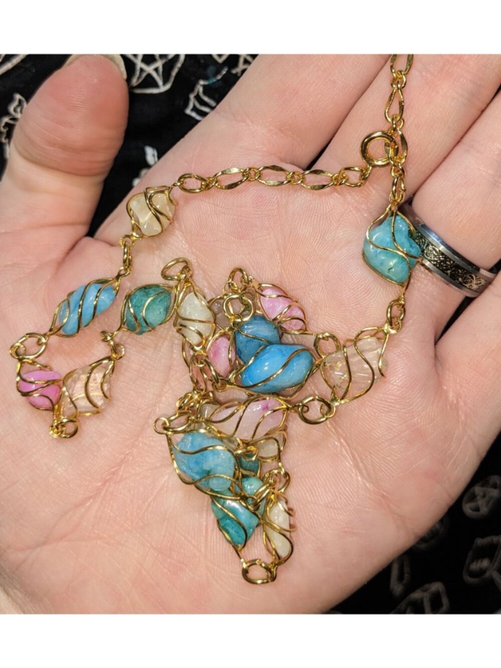 Whimsical Wire-Wrapped Pastel Gemstone Necklace With Gold-Tone Chain - Picture 2 of 5